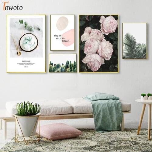 Nordic Green Plant Rose Painting Texture Quote Canvas Art Paintings for Living Room Bedroom Posters and Prints Wall Poster Decor