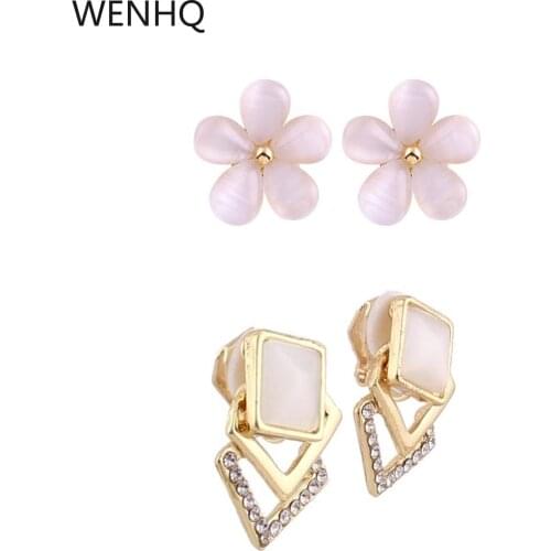 WENHQ New Arrival Gold-Stone Opal Flower Shape Clip on Earrings Women Party Birthday Fashion Jewelry No Pierced Earring Ear Clip