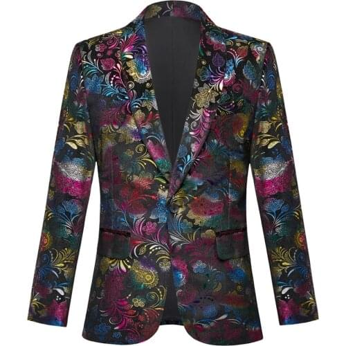 New Mens Floral Flower Pattern Velvet Casual Blazer Slim Tuxedo Male Singer Magician Stage Suit Coat Nightclub Bar Show Costume
