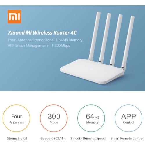 Original Xiaomi Mi WIFI Router 4C 64 RAM 300Mbps 2.4G 802.11 b/g/n 4 Antennas Band Wireless Routers WiFi Repeater APP Control