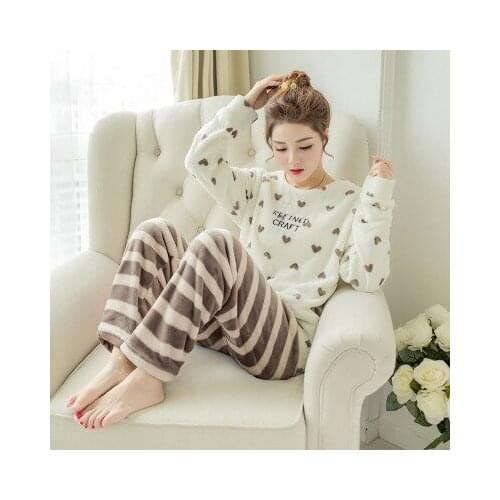 Autumn and Winter Thickened Warm Flannel Pajamas Womens Winter Long Sleeve Coral Velvet Lovely Cartoon Womens Home Clothes Set