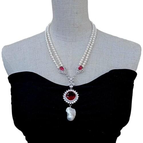YYGEM Fuchsia Cubic Zirconia Pave Keshi Pearl Pendant 19" 2 Rows White Pearl Necklace