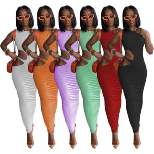Solid Sleeveless Summer Long Dress For Women Waist Hollow Out Slim Fit Sexy Bodycon Casual Package Hip Dress Holiday Dresses