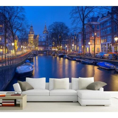 Beibehang Custom wallpaper, night view of Amsterdam canal city in the Netherlands, super clear background wall papel de parede