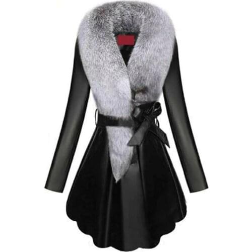 Plus Size Coat Women PU Leather Jacket Long Slim Pu Fur Fox Fur Collar Female Winter Thick Warm Coat Bowknot Jackets Red Black