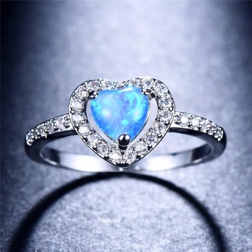 Luxury Female Blue Opal Stone Ring Charm Crystal Silver Color Wedding Ring Trendy Bridal Love Heart Engagement Rings For Women