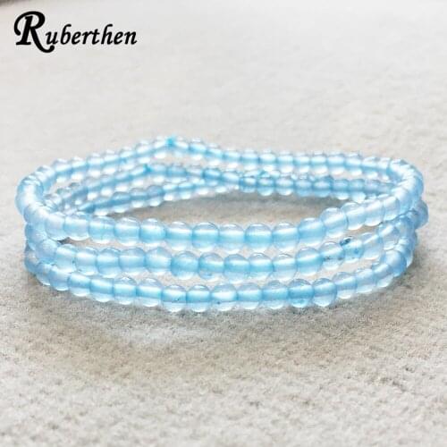 Ruberthen Fashion Design 4 mm Natural Celestine Stacking Bracelet 3 Wrap Mini Gem Stone Energy Women`s Bracelet Set
