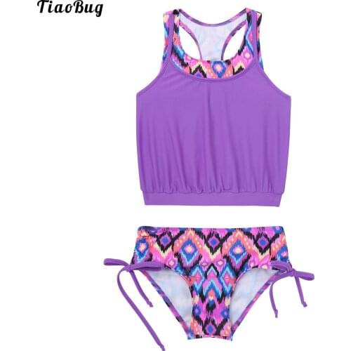 TiaoBug Summer 2Pcs Kids Girls Swimming Suit Round Neck Sleeveless Racer Back Vest Top And Briefs Bathing Sets Beach Bikini