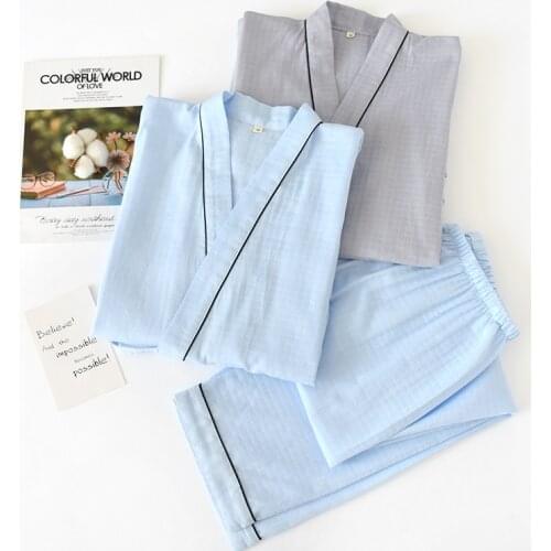 Japanese Pajama Men Spring And Autumn 100% Cotton Double Gauze Sweat Steamed Kimono Casual Sleepwear Intimate Lingerie пижама