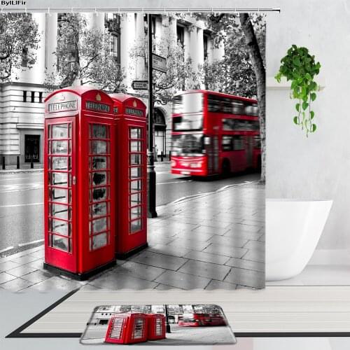 Retro British Architecture Street View Shower Curtains Nostalgia Theme Red Bus Telephone Bathroom Bath Curtain Carpet Door Mats
