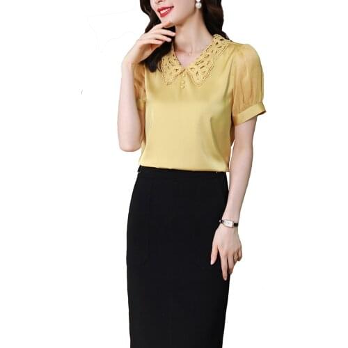 2021 Woman Super-Quality Beads Lace Collar Yarn Sleeves Satin Plus Size Top Shirt