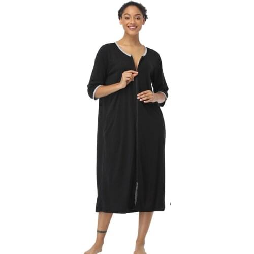 Women Long Sleepwear Soft Zipper Front Robes Winter Warm Nightgown Cotton Kimono Bathrobe Loungewear Maternity Housecoat