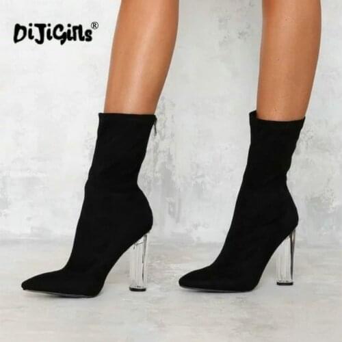 Womens Boots Pointed Toe Yarn Elastic Ankle Boots Thick Heel High Heels Shoes Female Transparent Heel Boots Black