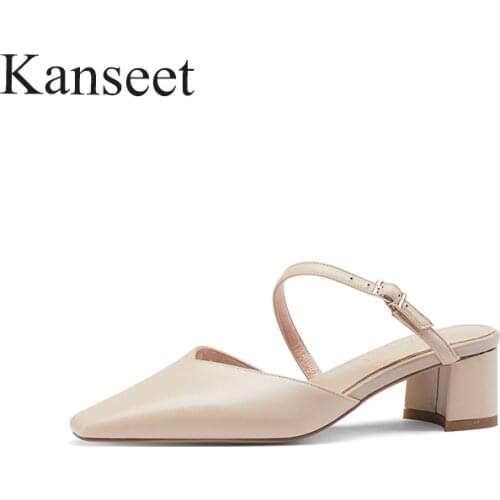 Kanseet 2021 New Women Shoes Summer Autumn Hot Genuine Leather Handmade Square Toes Fashion Design Mid Heels Slippers