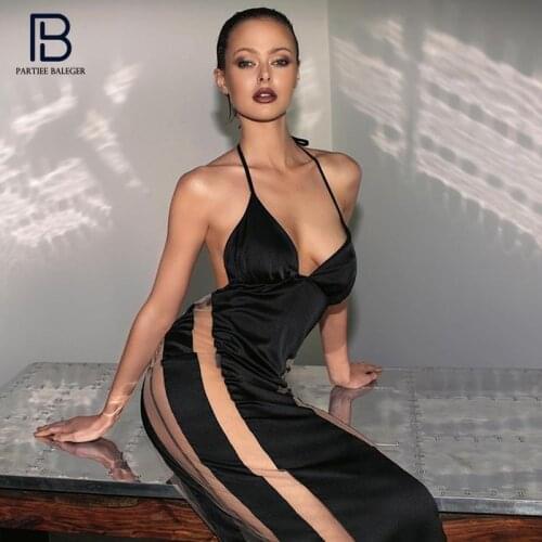 PB Chic Voile Splicing Sexy V Neck Backless Satin Slip Dress Knee Length Celebrity Party Club Vestido Free Shipping