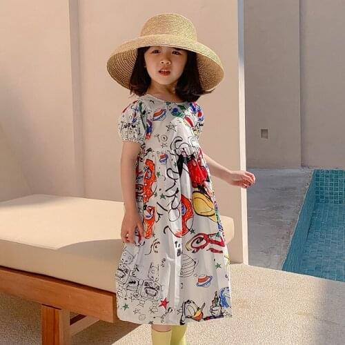 2021 Toddler Girls Cartoon Beach Dress for Summer Cotton Print Ins Boutique Clothing Kids Lovely Outfit