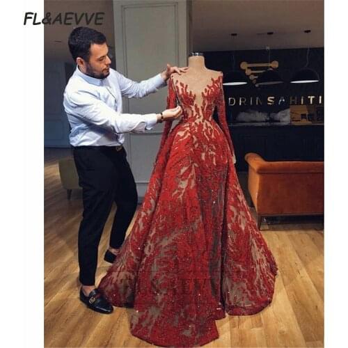 2021 Long Sleeves Evening Dress Mermaid Red V Neck Long Sleeves Lace Corset Floor Length Evening Prom Party Gowns