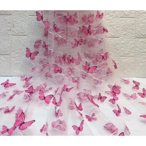 5 Yards 3D Butterfly Tulle Lace Fabric, Hot Pink Butterfly Applique On Off White Or Black Tulle In Branch Pattern, 3D Butterfly