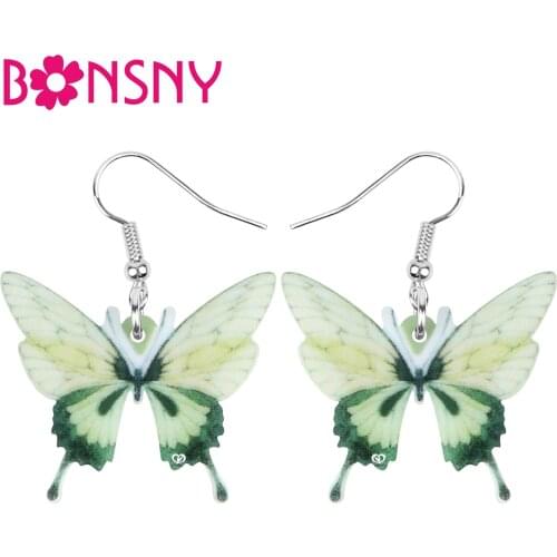 Bonsny Acrylic Green Butterfly Earrings Big Print Insect Animal Dangle Drop Jewelry For Women Kid Spring Charm Gift Decoration