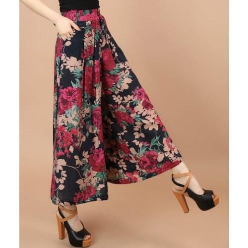 Summer Casual 2018 6XL Women Wide Leg Floral Pattern High Waisted Ankle Length Trousers , Loose Painted Cotton Pants For Woman