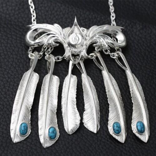 Solid 925 Sterling Silver Necklace For Men Vintage Charms Takahashi Goros Pendant Eagle Feather Chain New Popular Jewelry P1022