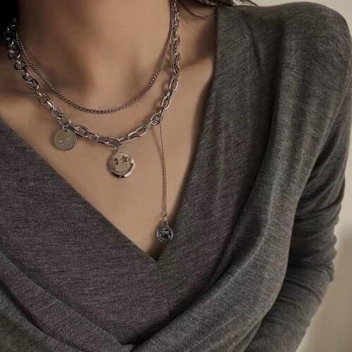 Smiley Face Necklaces Women link Chain Figure simple Pendant Necklace Girl Jewelry Silver Color Trendy Kpop Collar collier femme