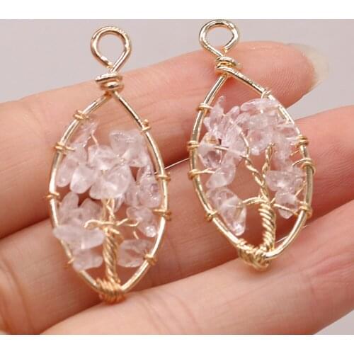 Natural Stone Gem Winding Golden Line Clear Quartz Tree Pendant Retro Elegant Necklace Earrings Jewelry Accessories Gift Making