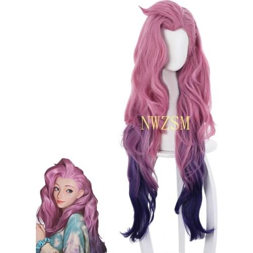 Game LOL KDA Seraphine Cosplay Wig 90cm Long Loose Wave Pink Mixed Purple Wigs Heat Resistant Synthetic Hair Wigs
