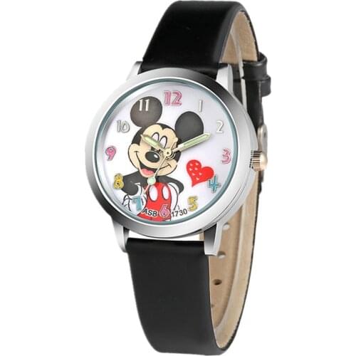 Disney Mickey mouse Childrens leather quartz watch Cartoons Luminous hands Love Anime boy girl watch Leather watch buckle