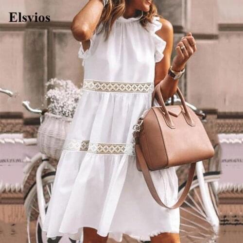 Fashion Women Casual A-Line Mini Dress Solid Summer Sleeveless Ruffle Neck Dress Lady Elegant Hollow Out Lace Loose Party Dress