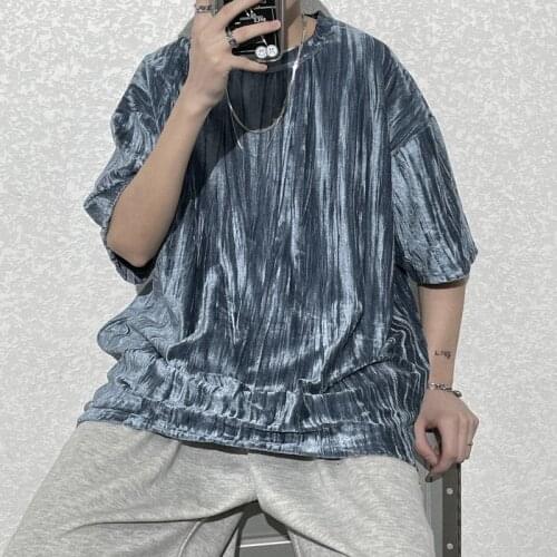 Summer Velvet Striped T-shirt Men Korean Fashion Loose Casual T-shirt Men Harajuku Streetwear Hip-hop Short-sleeved T-shirt Men