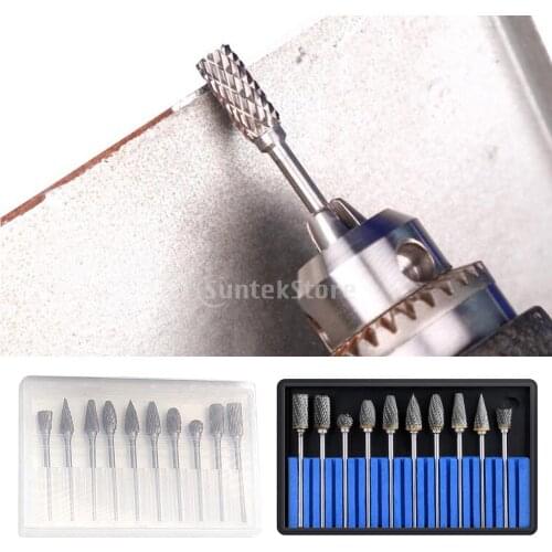 Double Slot Carbide Rotary Burr Set 10 Pieces 1/8'(3mm) Shank and 1/4'(6 mm) Head for Home and Factory Small Work