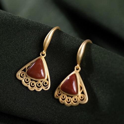 Original design southern red tourmaline earrings Chinese style retro unique ancient gold craft charm womens silver jewelry