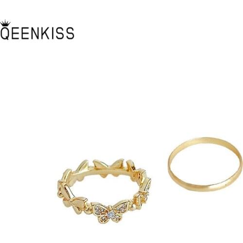 QEENKISS RG725 Fine Jewelry Wholesale Fashion Trendy Woman Girl Birthday Wedding Gift Butterfly Circle Set Zircon 18KT Gold Ring