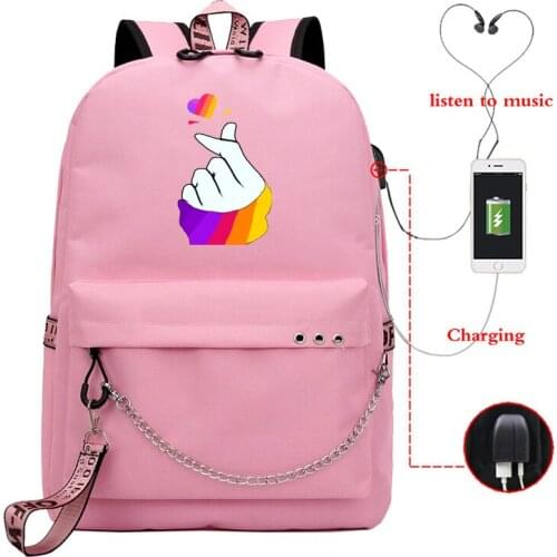 Love Heart Printed Travel Backpack Bookbags Canvas Shoulder Waterproof Female School Bag Usb Charging Women Backbag Satchel