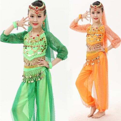 4pc/set Girl Belly Dance Suit for Kids Dance Costumes Children Kid Indian Stage Show Sequins Long Sleeve Belly Dancing Costumes