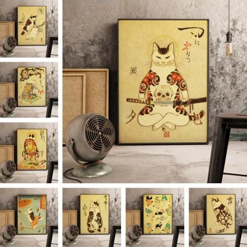 Japanese floating decorative samurai cat retro style home wall decoration art poster canvas painting Room Decorative picture