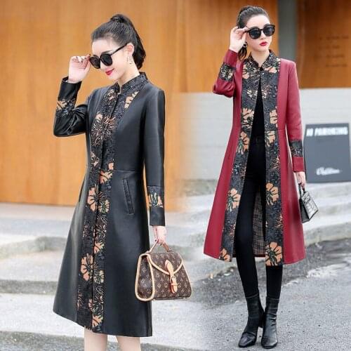 2021 Spring Autumn Women Fashion Vintage Chic Real Leather Printing Jacket Long Sleeve Single-breasted Outerwear M-4XL Y640