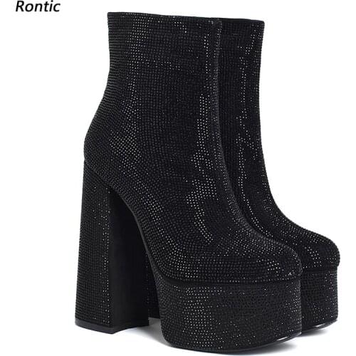 Rontic New Women Winter Platform Ankle Boots Nice Rhinestone Chunky Heels Round Toe Pretty Grey Black Dress Shoes US Size 4-9.5