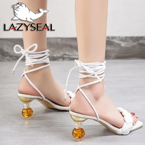 LazySeal 2021 Summer Weave Sandals Women Fashion Leather Female Slides Outside Transparent Gourd Heel Mules Shoes Woman