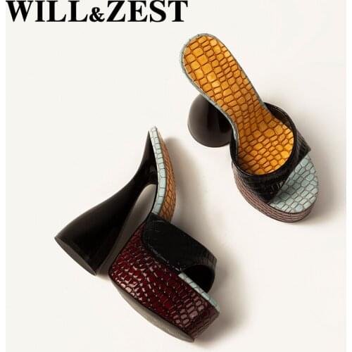 WILL&ZEST Snake Print Grenade High Heels Open Toe Slippers Fashion Sexy Platform Women Sandals Black Party Shoes High Quality
