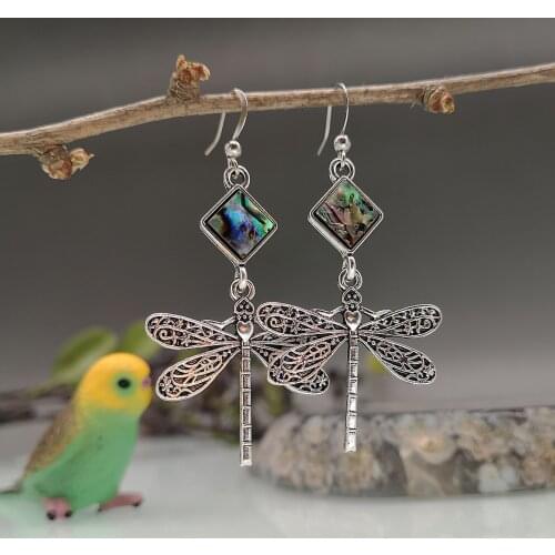 New Creative Wings Dragonfly Drop Earrings for Women Vintage Jewelry Abalone Shell Square Stone Earrings Accessories