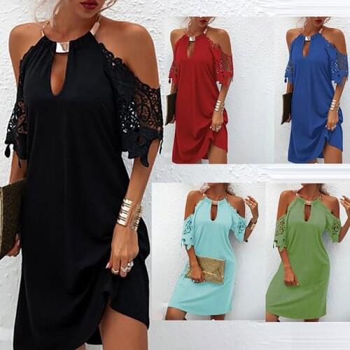 Платье Летнее Женское Sexy 2021 WomenS Solid Color Dress Lace Sleeve Halter Neck Strapless Hook Flower Hollow Metal Dress