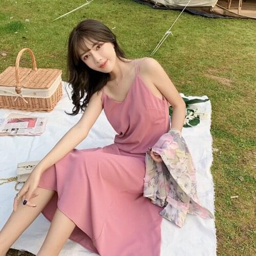 Women Pink Solid Color Sling Dress New V-Neck Sleeveless Loose Fit Fashion Tide Spring Summer 2021 Backless Mid-Calf Vestido