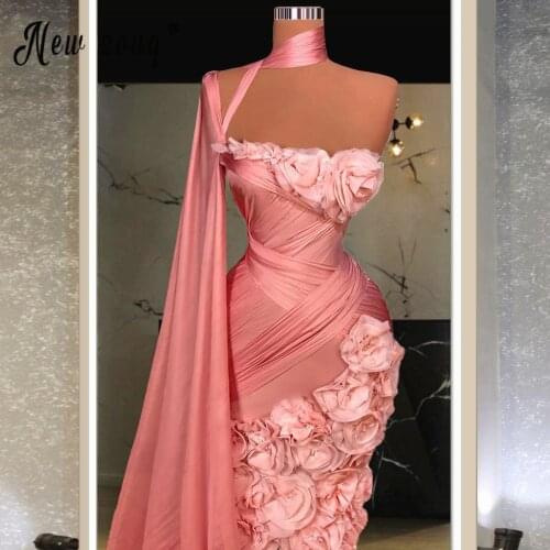 Haute Couture One Shouldr Hot Pink Evening Dress Mermaid Long Cape Sleeve Prom Dresses High Neck New Arrival Celebrity Dresses