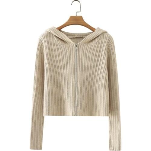 ZXQJ Women 2021 Fashion Zip Pit Strip Knitted Cardigan Sweater Vintage Long Sleeve With Hood Female Outerwear Chic Tops