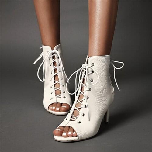 2020 New Women 7cm High Heels Sandals Lace Up Peep Toe Ankle Boots Women Fashion Summer Boots Solid Ladies Shoes Black Plus Size