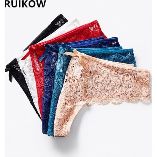 6PCS/Set Womens Thong Sexy Low-waist T-Pants Mix 6 Color Lace Female Panties with 100% Cotton Crotch Bikinis Underpant for S-XL