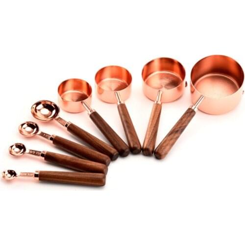 8Pcs/Lot Creative Walnut Wooden Handle Copper Plating Measuring Cups and Spoons Cake Sugar Spoons Kitchen Baking Tools Set