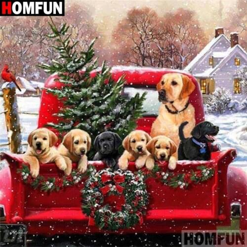 HOMFUN Full Square/Round Drill 5D DIY Diamond Painting "Dog christmas car" 3D Embroidery Cross Stitch 5D Decor Gift A30163
